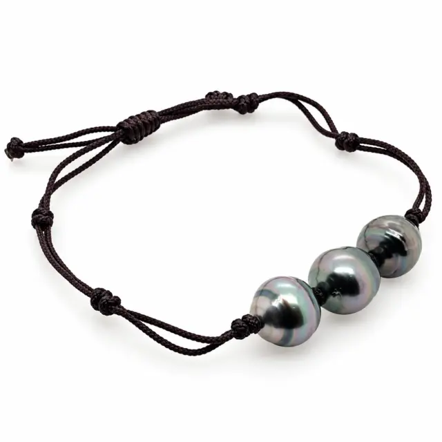 10.5mm Semi Baroque Triple Tahitian Black Pearl, Unisex Brown Cord Adjustable Size Bracelet - 22072806BRN