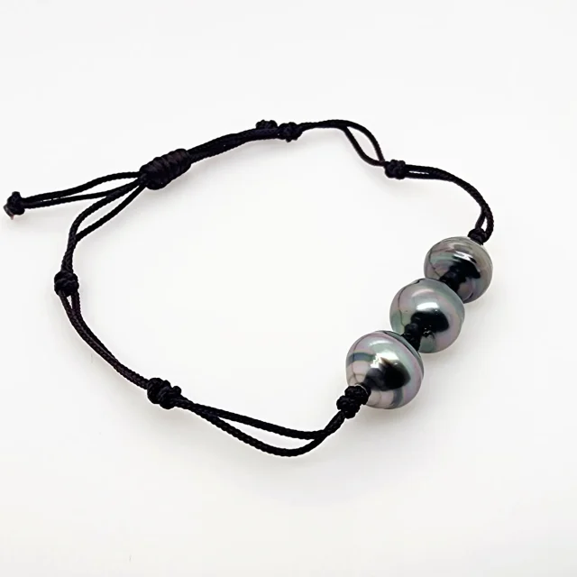 10.5mm Semi Baroque Triple Tahitian Black Pearl, Unisex Brown Cord Adjustable Size Bracelet - 22072806BRN