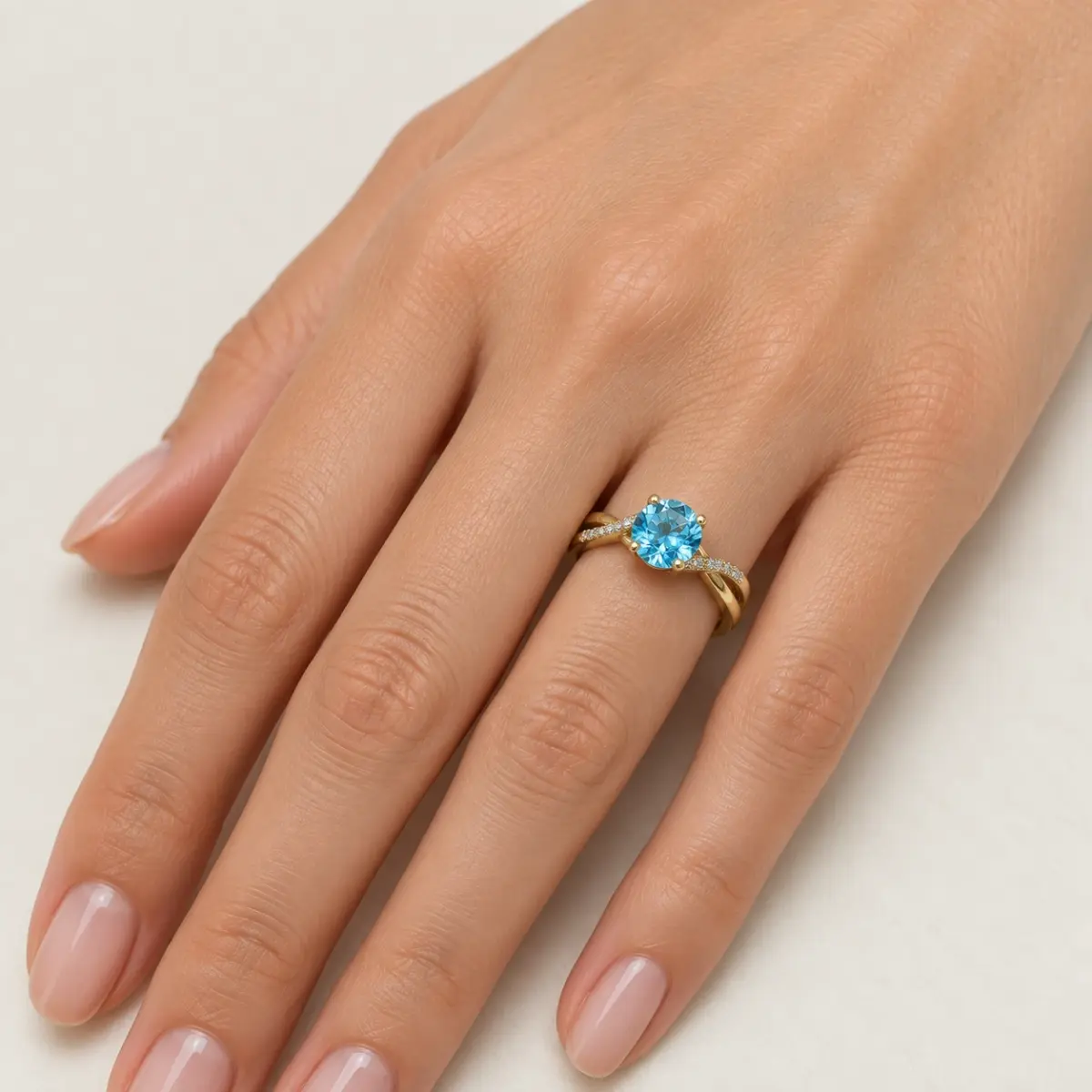 10ct Yellow Gold 0.05ct Diamond with 1.25ct Round Blue Topaz Crossover Ring - SKR17132BT