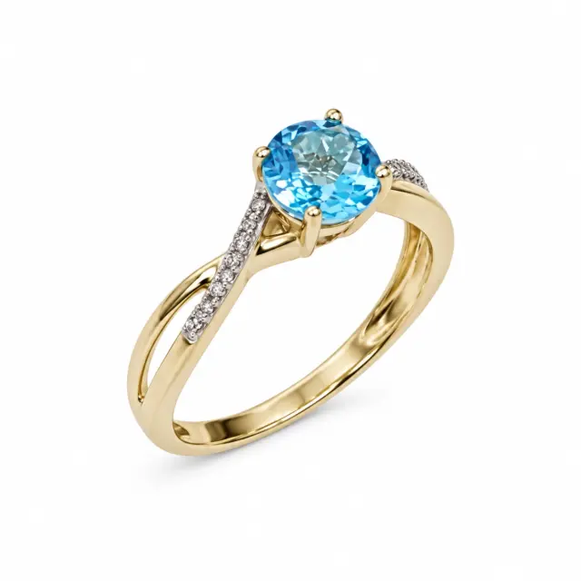 10ct Yellow Gold 0.05ct Diamond with 1.25ct Round Blue Topaz Crossover Ring - SKR17132BT