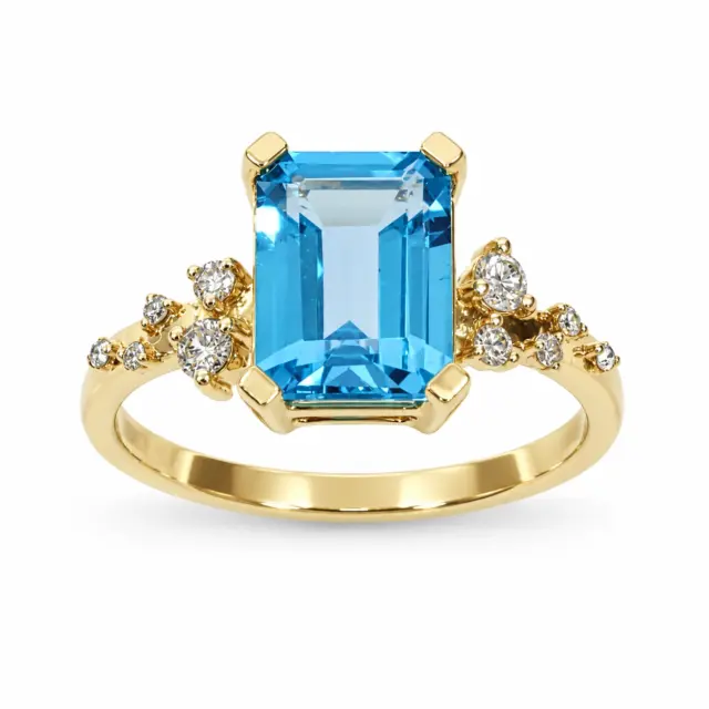 10ct Yellow Gold 0.15ct Diamond & 2.40ct Emerald Cut Blue Topaz Ring - SKR41115BT