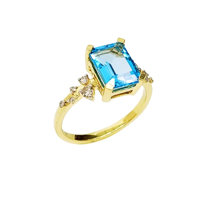 10ct Yellow Gold 0.15ct Diamond & 2.40ct Emerald Cut Blue Topaz Ring - SKR41115BT