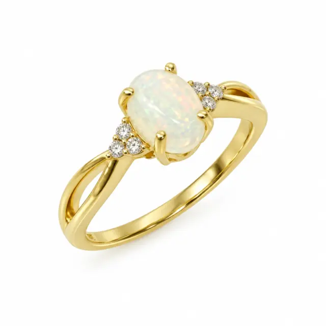 10ct Yellow Gold 0.65ct White Opal with Diamond Setting Ring