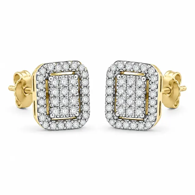 10ct Yellow Gold 1/4ct Radiant Cluster Setting Halo Diamond Stud Earrings