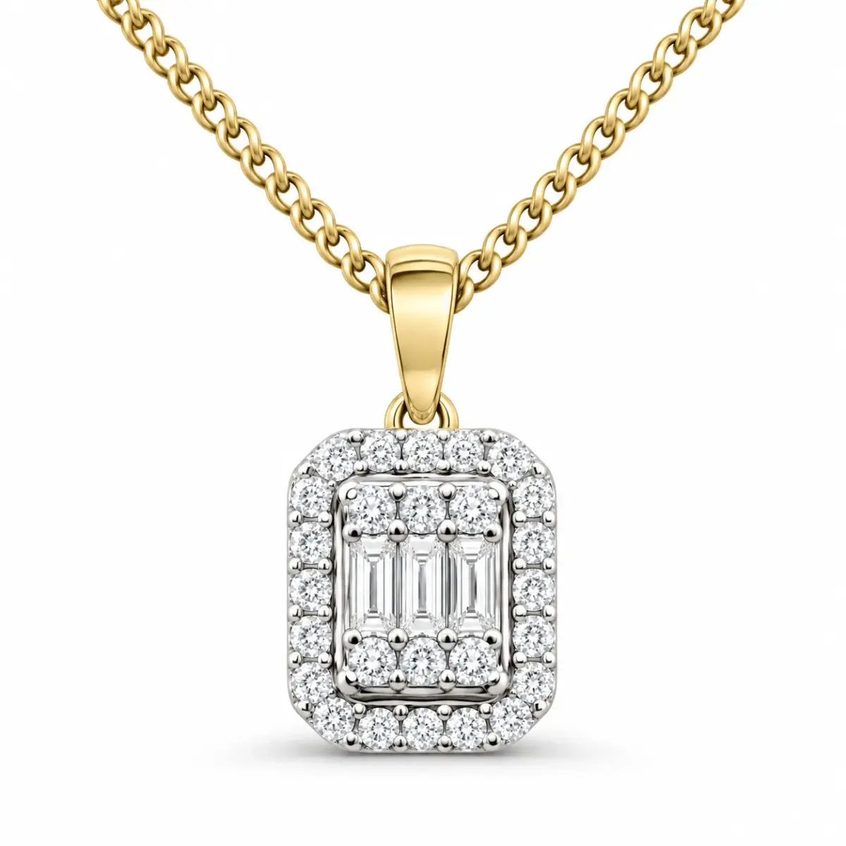 10ct Yellow Gold Baguette & Round Diamond Cluster Pendant