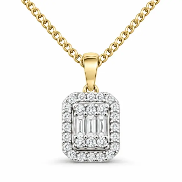 10ct Yellow Gold Baguette & Round Diamond Cluster Pendant