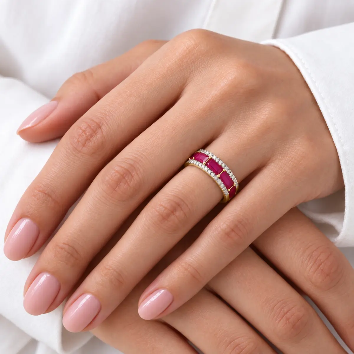 10ct Yellow Gold Baguette Ruby & Diamond Wedding / Dress Ring - SKR39229RD