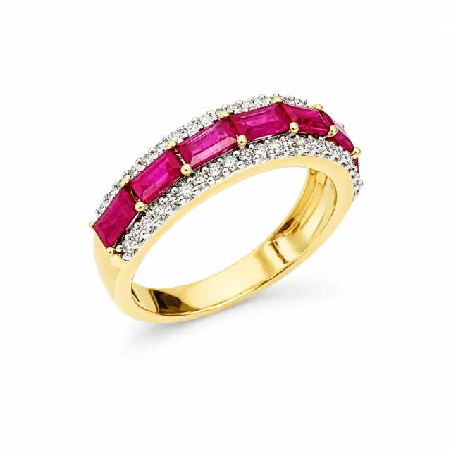 10ct Yellow Gold Baguette Ruby & Diamond Wedding / Dress Ring - SKR39229RD