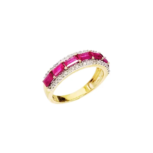 10ct Yellow Gold Baguette Ruby & Diamond Wedding / Dress Ring - SKR39229RD