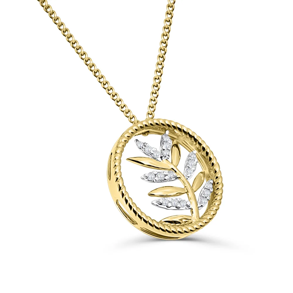 10ct Yellow Gold Circle Pendant with Diamond Set Leaf Inside