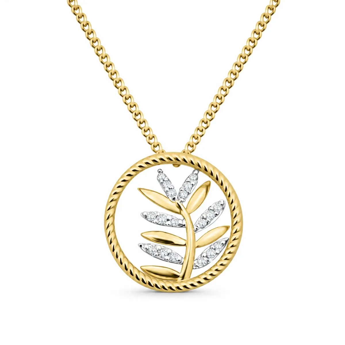 10ct Yellow Gold Circle Pendant with Diamond Set Leaf Inside