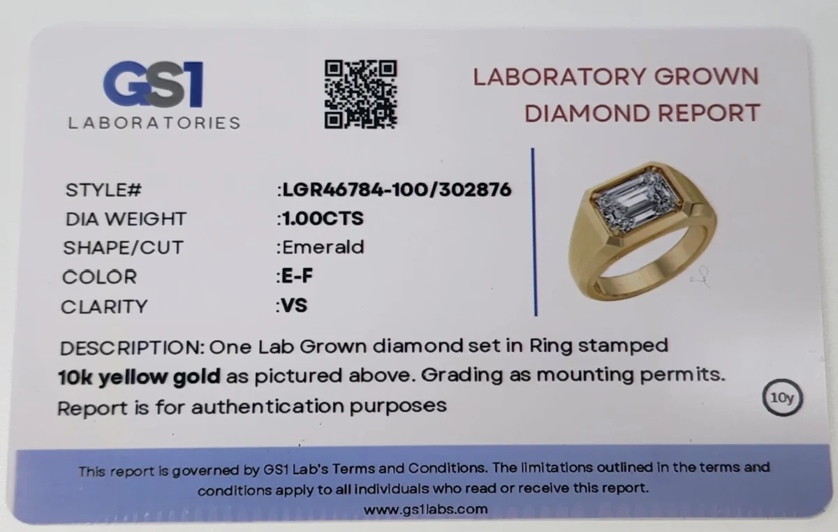 10ct Yellow Gold Gents Ring with 1.00ct Emerald Cut Lab-Grown Diamond – E/F VS | Classic Claw Set - LGR46784