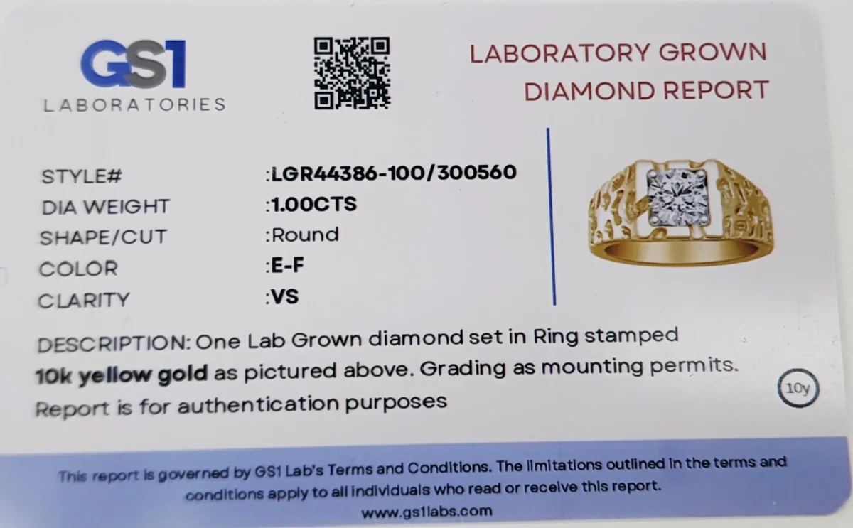 10ct Yellow Gold Mens Ring with 1.00ct Round Lab Grown Diamond – Textured Designer Band (E–F VS) - LGR44386