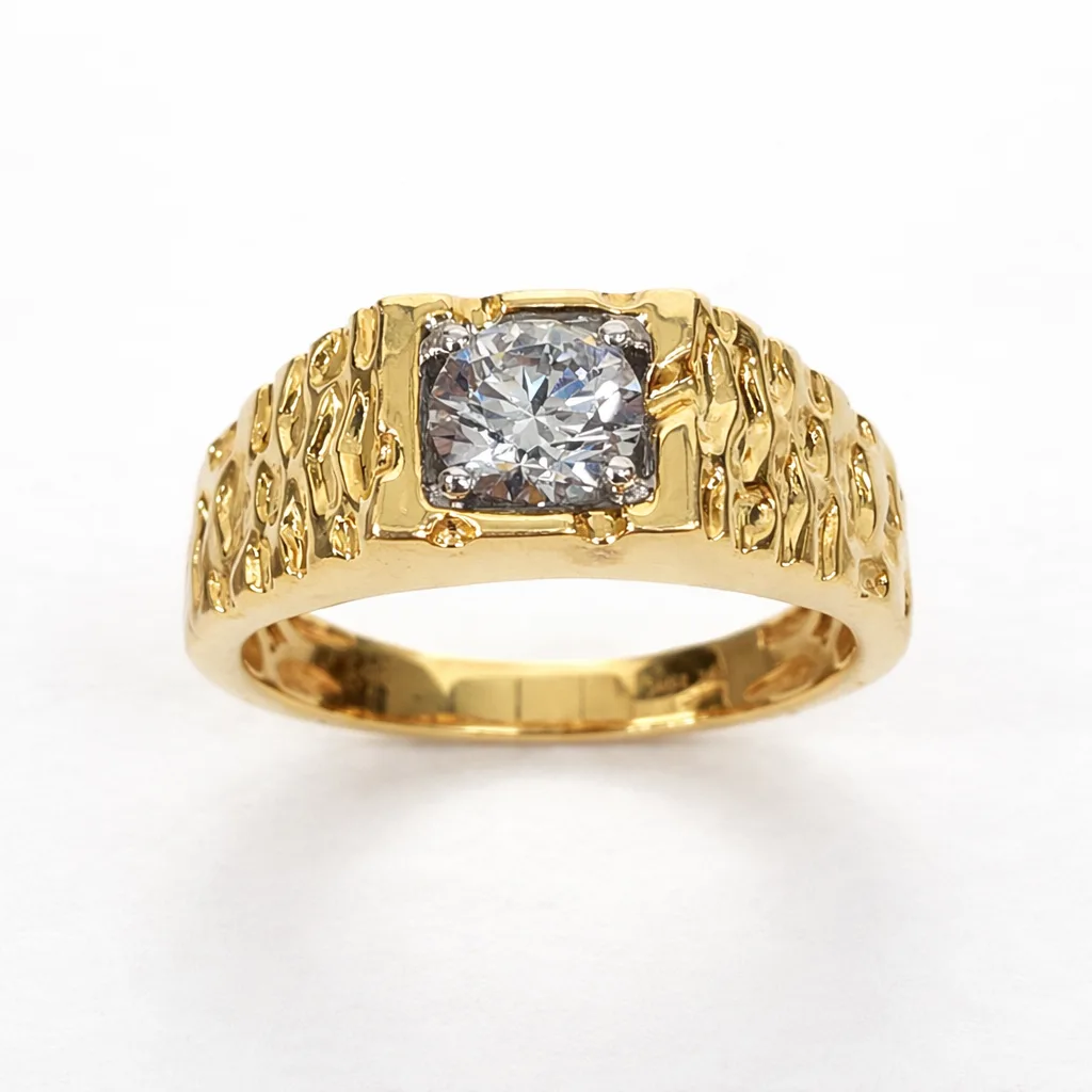 10ct Yellow Gold Mens Ring with 1.00ct Round Lab Grown Diamond – Textured Designer Band (E–F VS) - LGR44386