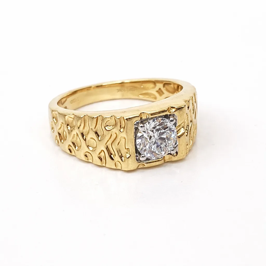 10ct Yellow Gold Mens Ring with 1.00ct Round Lab Grown Diamond – Textured Designer Band (E–F VS) - LGR44386