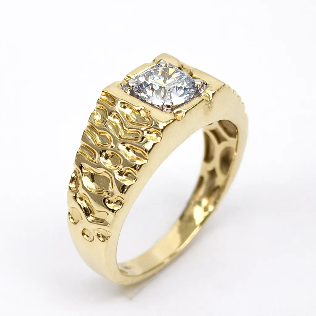 10ct Yellow Gold Mens Ring with 1.00ct Round Lab Grown Diamond – Textured Designer Band (E–F VS) - LGR44386