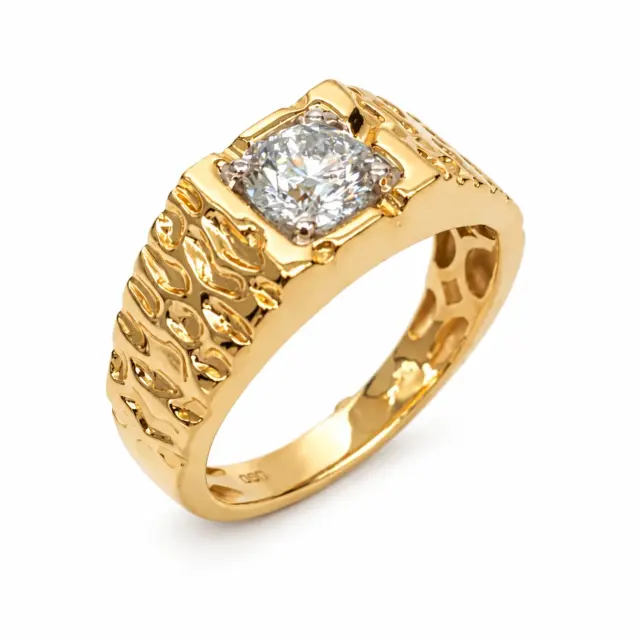 10ct Yellow Gold Mens Ring with 1.00ct Round Lab Grown Diamond – Textured Designer Band (E–F VS) - LGR44386