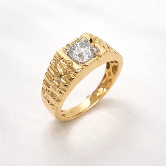 10ct Yellow Gold Mens Ring with 1.00ct Round Lab Grown Diamond – Textured Designer Band (E–F VS) - LGR44386