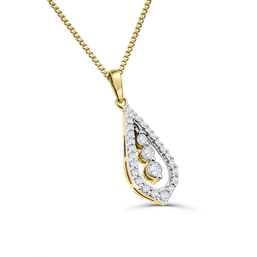 10ct Yellow Gold Tear Drop Diamond Pendant with Three Diamond Drop Inside The Frame