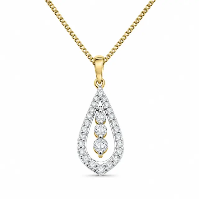 10ct Yellow Gold Tear Drop Diamond Pendant with Three Diamond Drop Inside The Frame