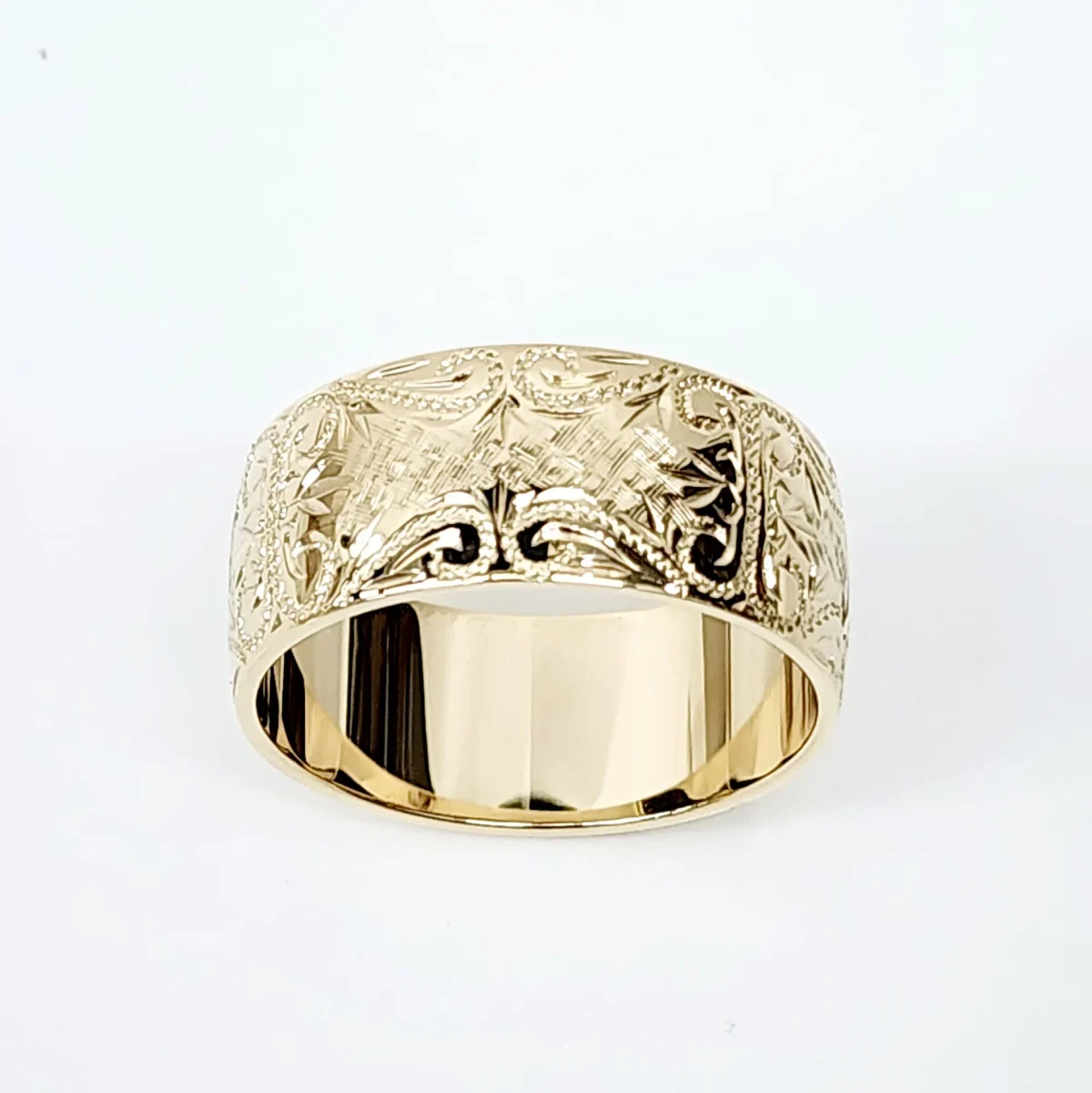 10mm Wide Hand Engraved Around Ring 9ct Yellow Gold Ring