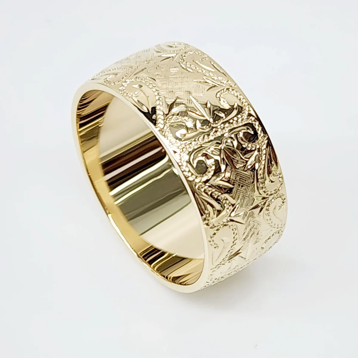 10mm Wide Hand Engraved Around Ring 9ct Yellow Gold Ring