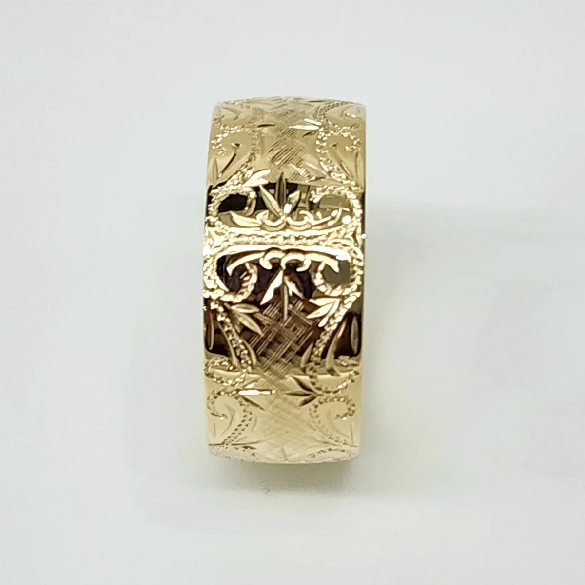 10mm Wide Hand Engraved Around Ring 9ct Yellow Gold Ring