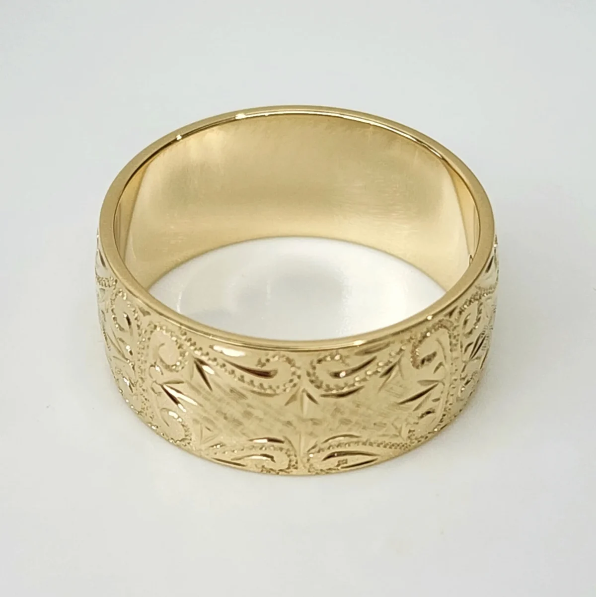 10mm Wide Hand Engraved Around Ring 9ct Yellow Gold Ring