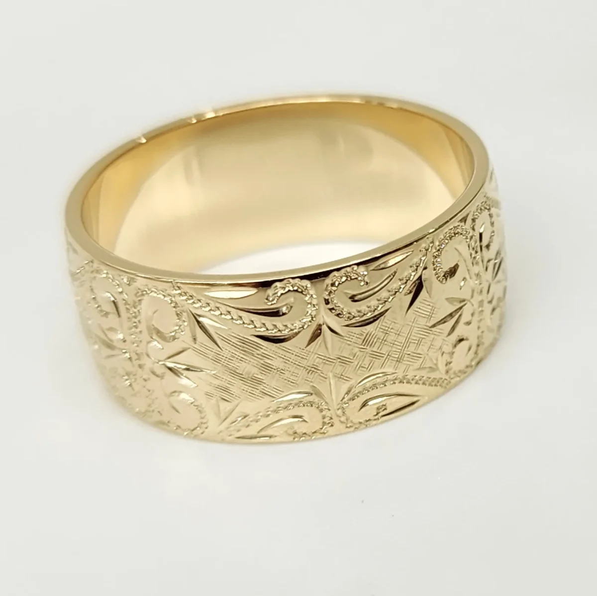 10mm Wide Hand Engraved Around Ring 9ct Yellow Gold Ring