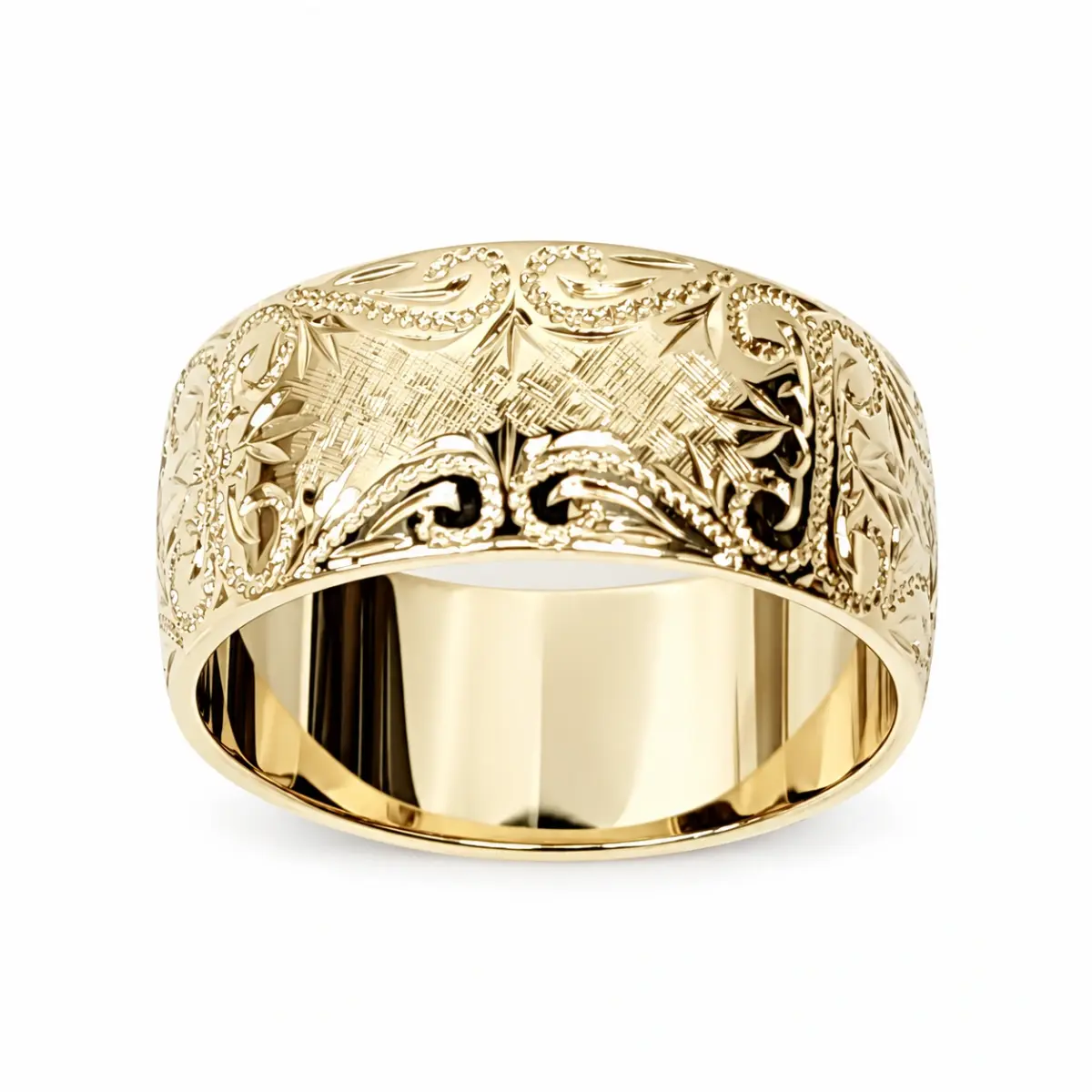 10mm Wide Hand Engraved Around Ring 9ct Yellow Gold Ring