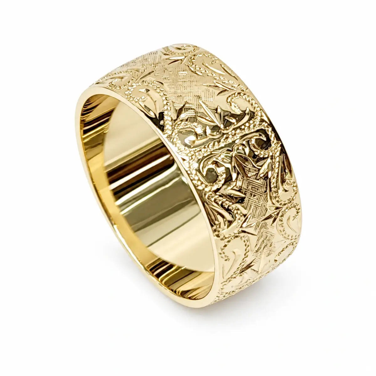 10mm Wide Hand Engraved Around Ring 9ct Yellow Gold Ring