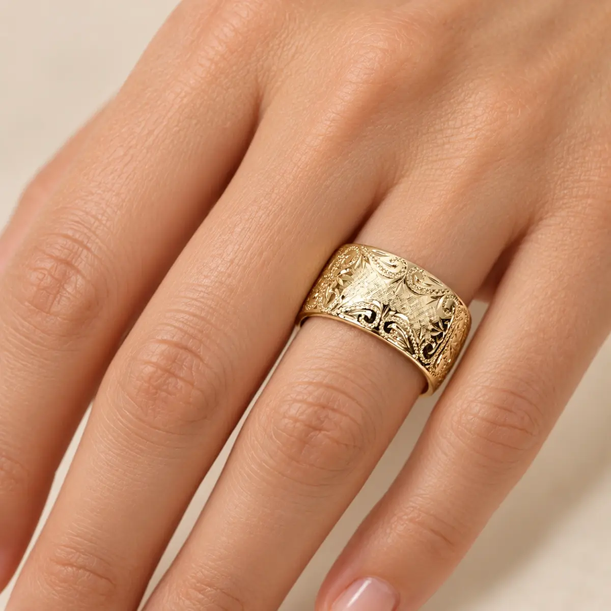 10mm Wide Hand Engraved Around Ring 9ct Yellow Gold Ring