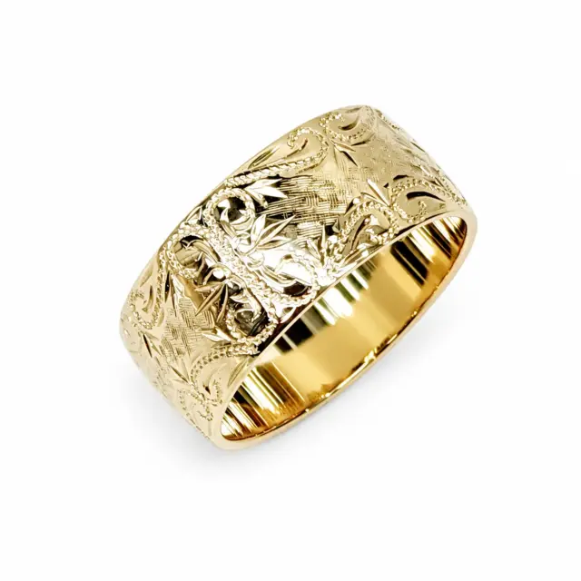 10mm Wide Hand Engraved Around Ring 9ct Yellow Gold Ring