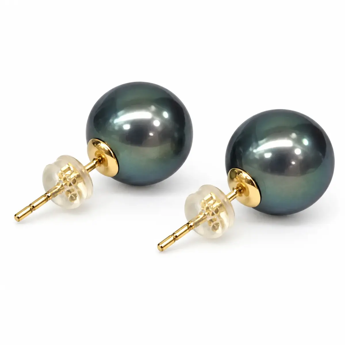 11–12mm Tahitian Black Pearl Stud Earrings in 18ct Yellow Gold – Peacock Colour