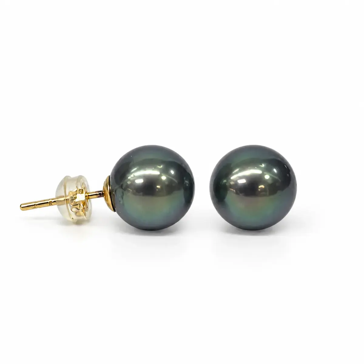 11–12mm Tahitian Black Pearl Stud Earrings in 18ct Yellow Gold – Peacock Colour