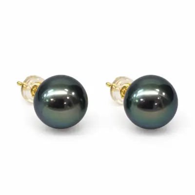 11–12mm Tahitian Black Pearl Stud Earrings in 18ct Yellow Gold – Peacock Colour