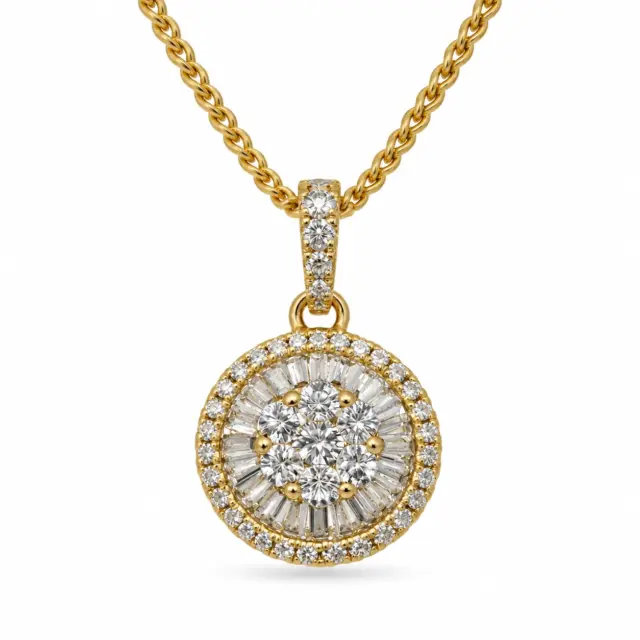 18ct Yellow Gold 0.237ct Natural Diamond Round & Baguette Halo Pendant - 18KR45196PL