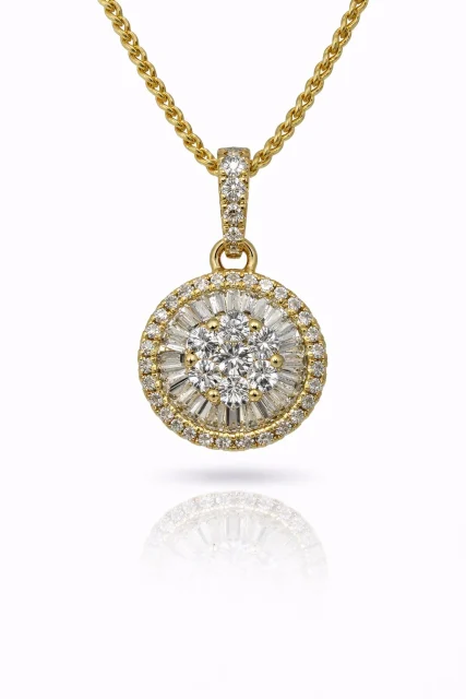 18ct Yellow Gold 0.237ct Natural Diamond Round & Baguette Halo Pendant - 18KR45196PL