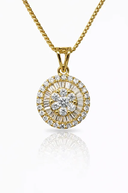 18ct Yellow Gold 0.413ct Natural Diamond Round Pendant (Round & Baguette Cluster) - 18KR18891PL