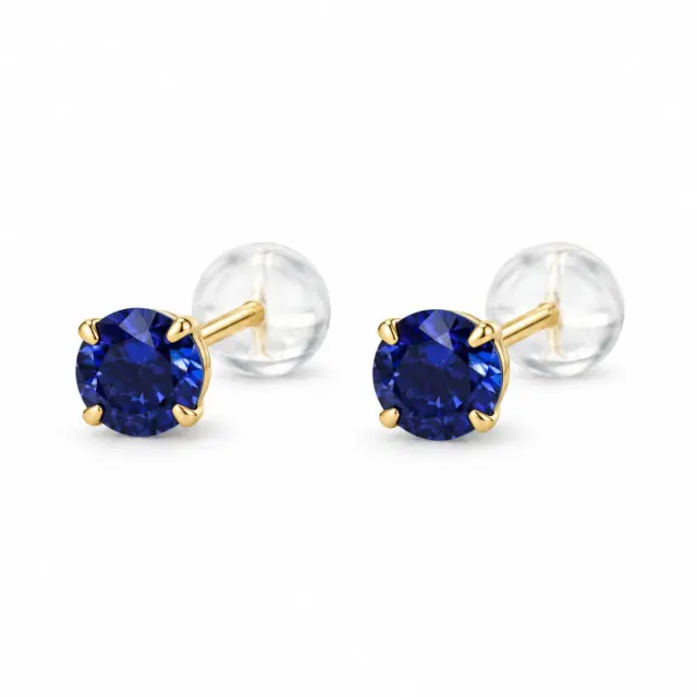 18ct Yellow Gold 4mm Round 4 Claw Blue Sapphire Coloured Cubic Zirconia Stud Earrings - K18CZBLSAP