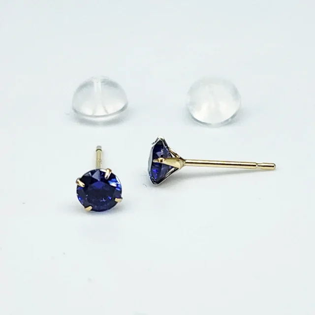 18ct Yellow Gold 4mm Round 4 Claw Blue Sapphire Coloured Cubic Zirconia Stud Earrings - K18CZBLSAP
