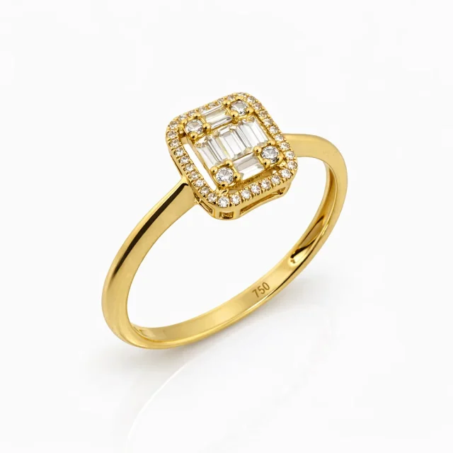 18ct Yellow Gold Baguette & Round Diamond Halo Ring – 0.15ct TDW - 18KR35808AL