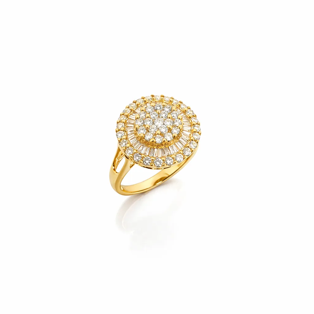 18ct Yellow Gold Diamond Cluster Ring 0.75ct Natural Round & Baguette Diamonds - 18KR13537BL