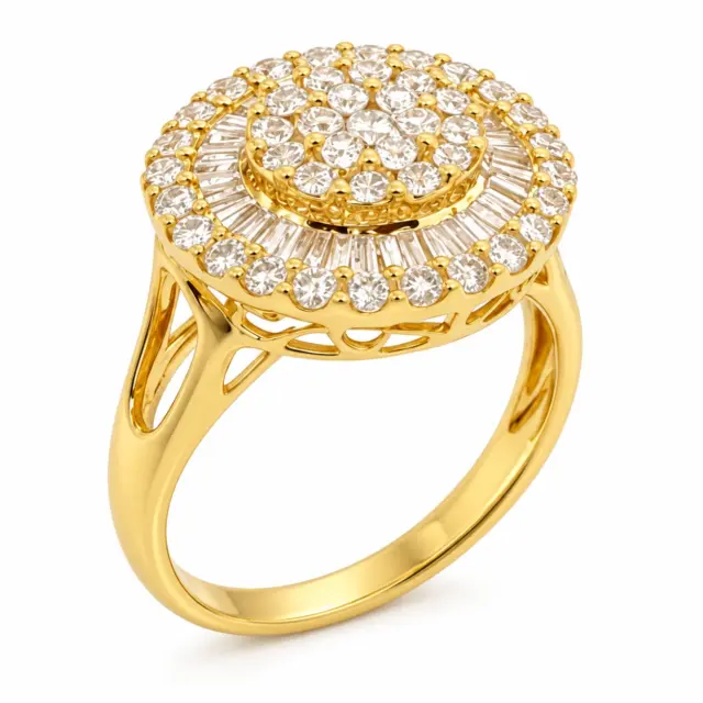 18ct Yellow Gold Diamond Cluster Ring 0.75ct Natural Round & Baguette Diamonds - 18KR13537BL