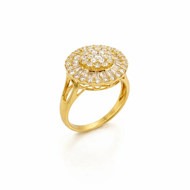 18ct Yellow Gold Diamond Cluster Ring 0.75ct Natural Round & Baguette Diamonds - 18KR13537BL