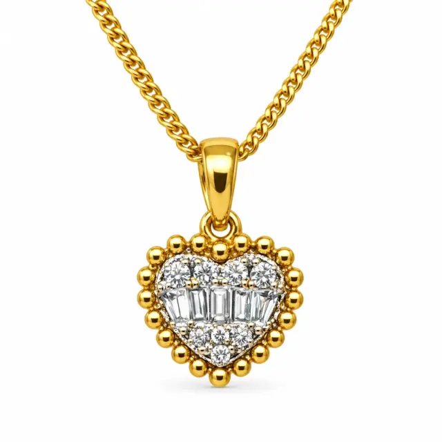 18ct Yellow Gold Heart Pendant with 0.11ct Natural Diamond (Round & Baguette) - 18KR45195PL
