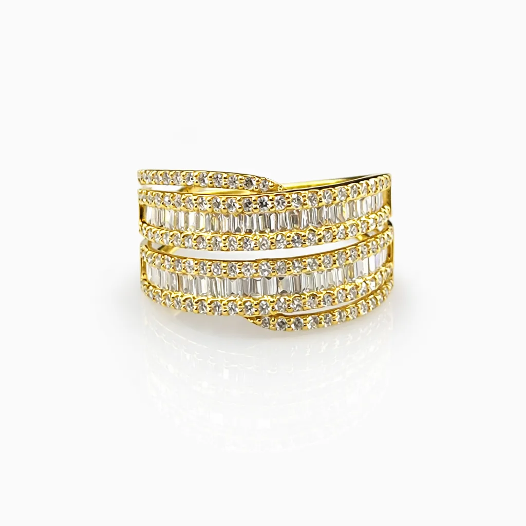 18ct Yellow Gold Multi-Row Natural Diamond Ring 0.74ct TDW – Round & Baguette Cut Statement Band - 18KR46180L