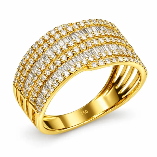 18ct Yellow Gold Multi-Row Natural Diamond Ring 0.74ct TDW – Round & Baguette Cut Statement Band - 18KR46180L