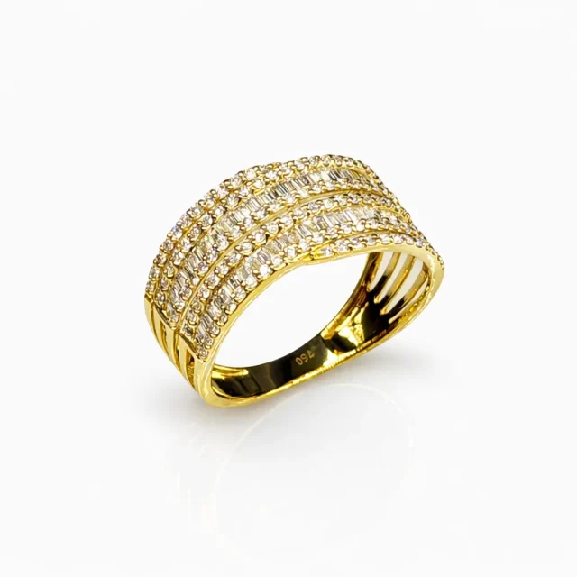 18ct Yellow Gold Multi-Row Natural Diamond Ring 0.74ct TDW – Round & Baguette Cut Statement Band - 18KR46180L