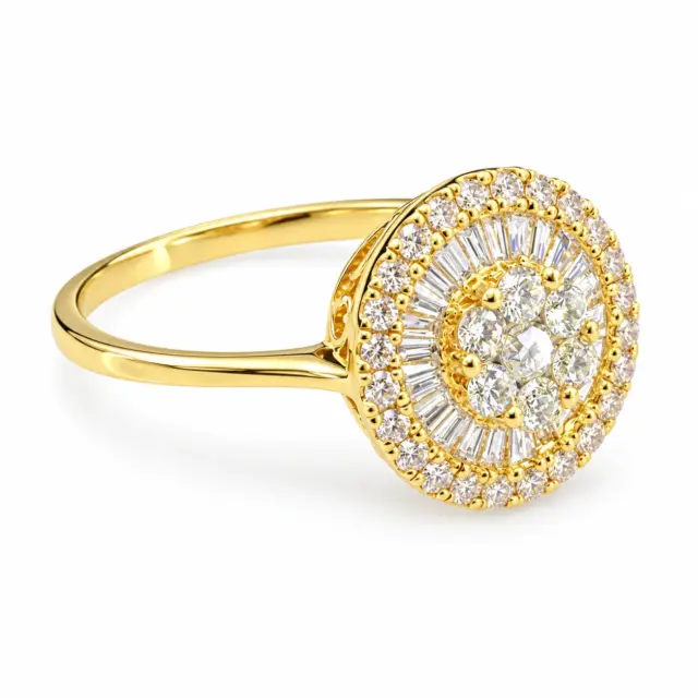 18ct Yellow Gold Natural Diamond Cluster Ring 0.417ct Round & Baguette Cut - 18KR18891L